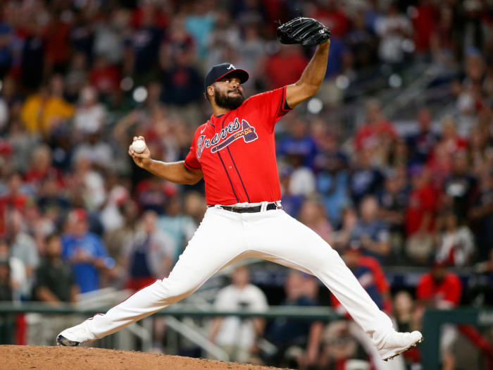 Jun 10, 2022; Atlanta, Georgia, USA; Atlanta Braves relief pitcher Kenley Jansen (74) throws against the Pittsburgh Pirates in the ninth inning at Truist Park.